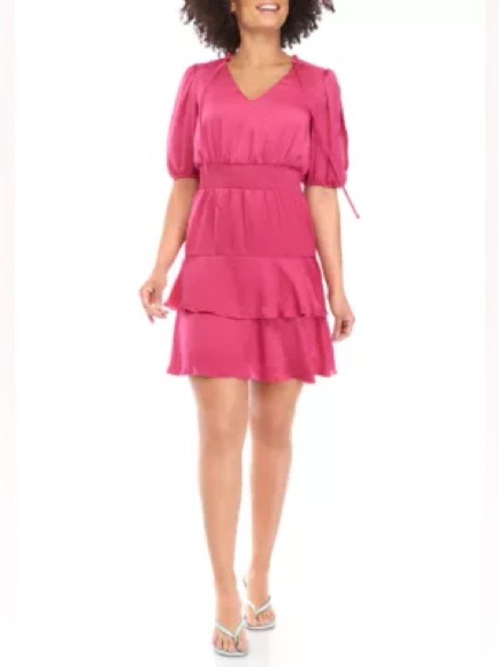 Women's Pink Tiered V-Neck Dress with Smocked Waist Satin Like Material